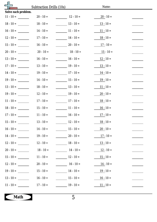 Subtraction Drills (10s) - Subtraction Worksheet With Answers Printable pdf