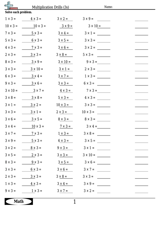Multiplication Drills (3s) - Multiplication Worksheet With Answers Printable pdf