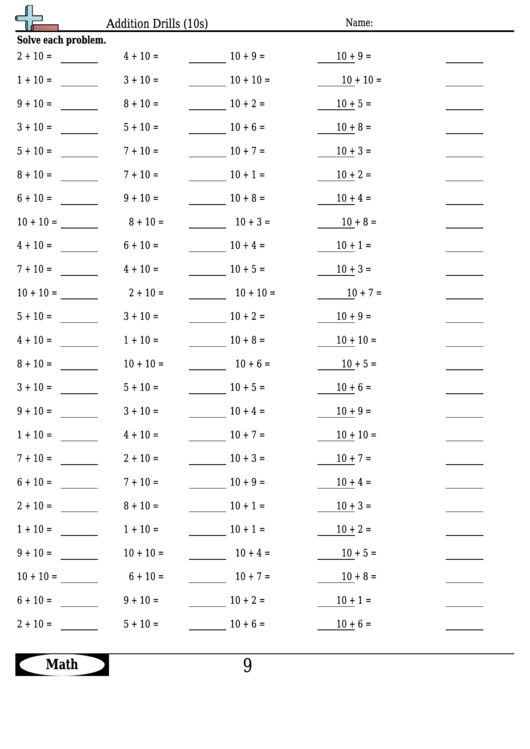 Addition Drills (10s) - Addition Worksheet With Answers