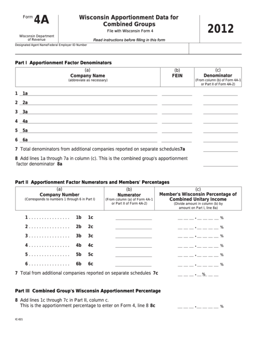 Fillable Form 4a - Wisconsin Apportionment Data For Combined Groups - 2012 Printable pdf