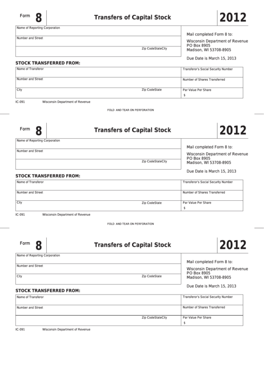 Fillable Form 8 - Transfers Of Capital Stock - 2012 Printable pdf