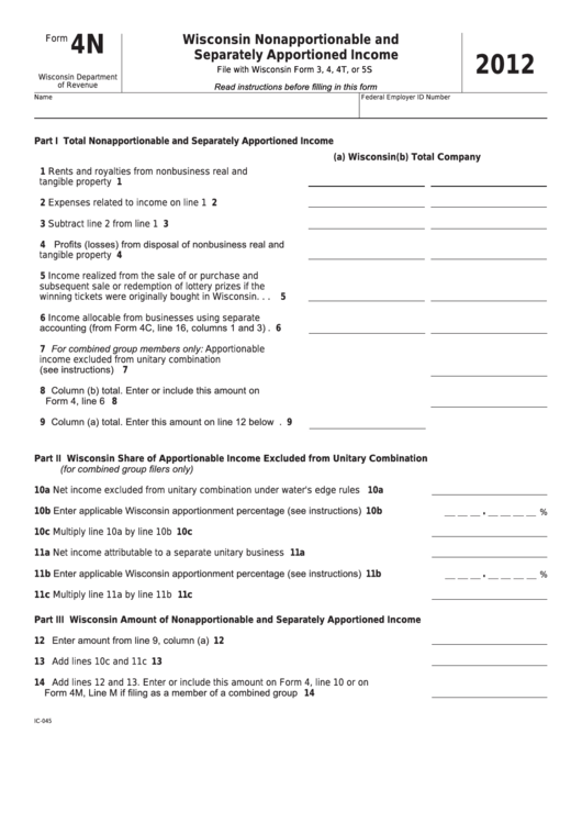 Fillable Form 4n - Wisconsin Nonapportionable And Separately Apportioned Income - 2012 Printable pdf