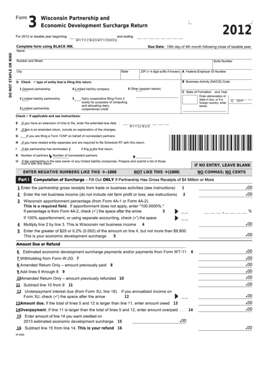 Fillable Form 3 - Wisconsin Partnership And Economic Development Surcharge Return - 2012 Printable pdf