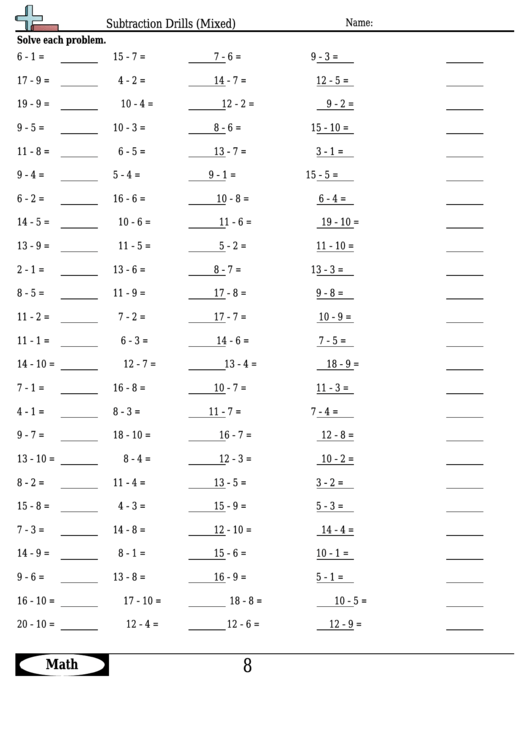 Subtraction Drills (mixed) - Subtraction Worksheet With Answers
