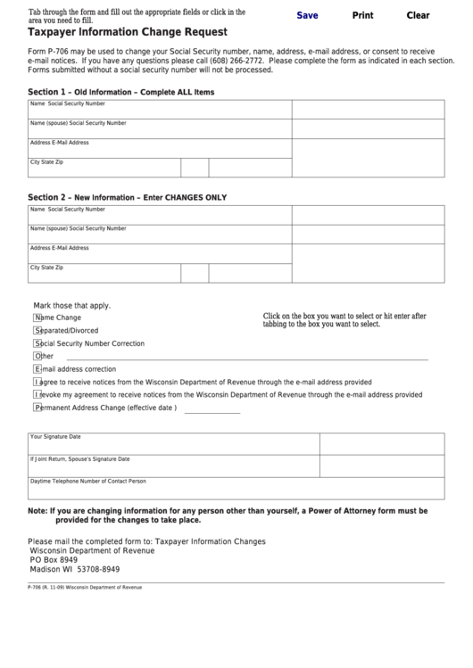Fillable Form P-706 - Taxpayer Information Change Request Printable pdf