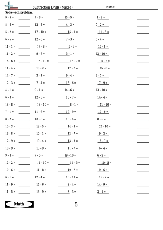 Subtraction Drills (Mixed) - Subtraction Worksheet With Answers Printable pdf