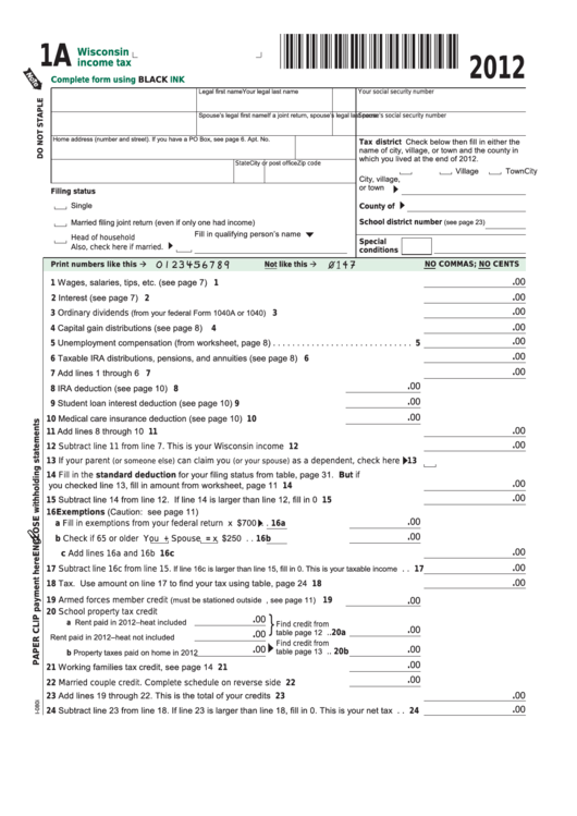 Fillable Form 1a - Wisconsin Income Tax - 2012 Printable pdf