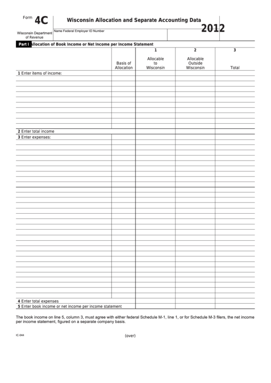 Fillable Form 4c - Wisconsin Allocation And Separate Accounting Data - 2012 Printable pdf