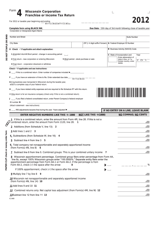 Fillable Form 4 - Wisconsin Corporation Franchise Or Income Tax Return - 2012 Printable pdf