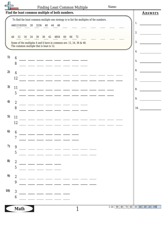 Finding Least Common Multiple - Multiplication Worksheet With Answers Printable pdf