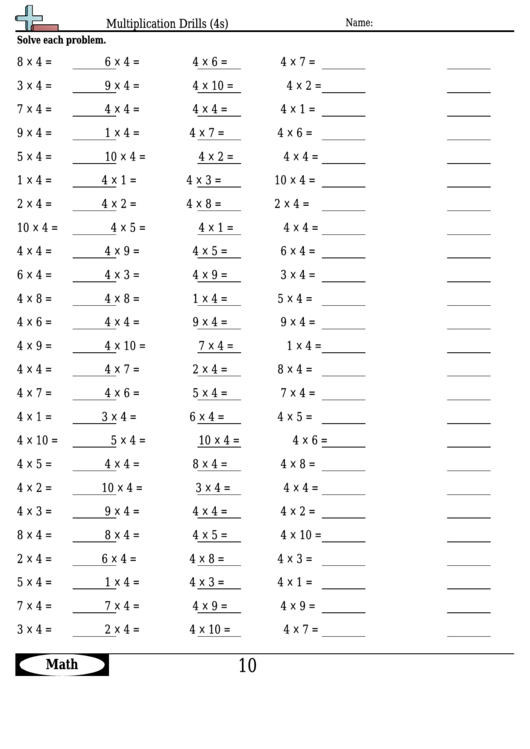 Multiplication Drills (4s) - Subtraction Worksheet With Answers Printable pdf
