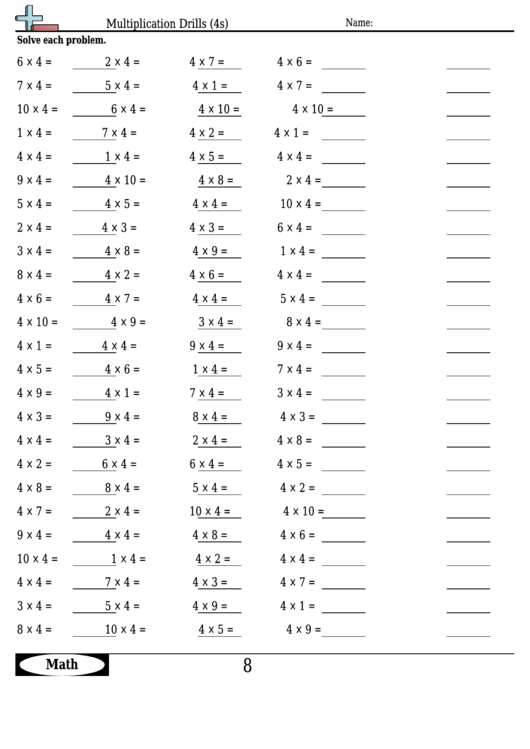 Multiplication Drills (4s) - Multiplication Worksheet With Answers Printable pdf