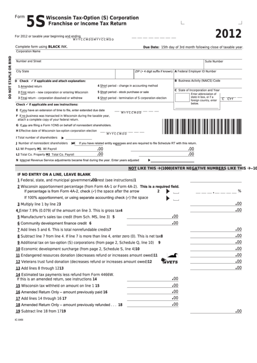 Fillable Form 5s - Wisconsin Tax-Option (S) Corporation Franchise Or Income Tax Return - 2012 Printable pdf