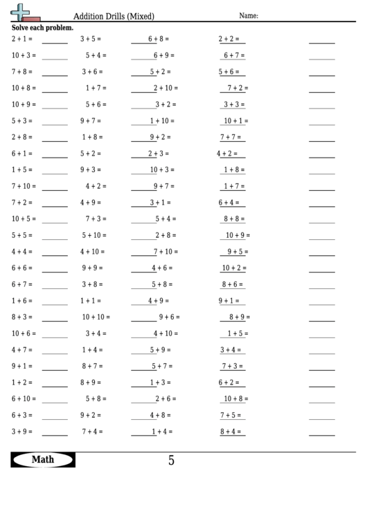 Addition Drills (Mixed) - Addition Worksheet With Answers Printable pdf