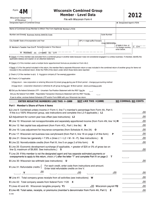Fillable Form 4m - Wisconsin Combined Group Member - Level Data - 2012 Printable pdf
