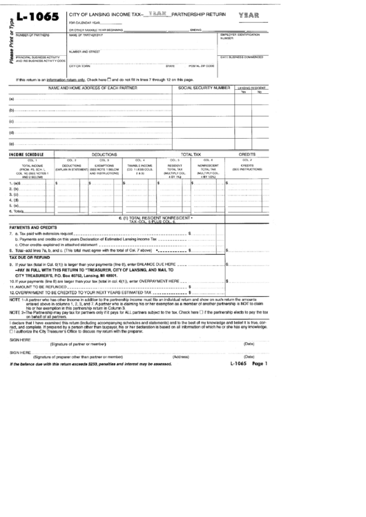 Form L-1065 - City Of Lansing Income Tax Partnership Return - State Of Michigan Printable pdf