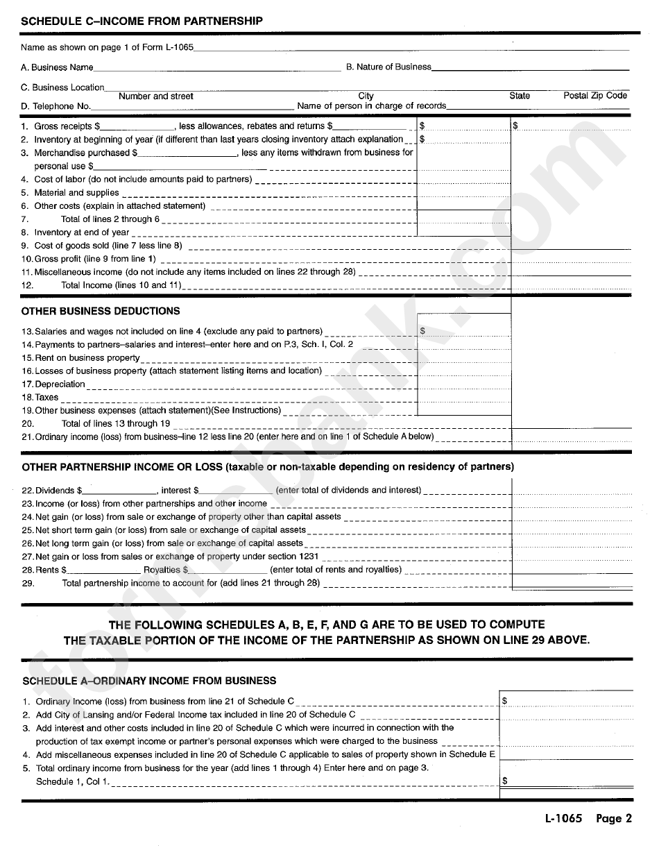Form L-1065 - City Of Lansing Income Tax Partnership Return - State Of Michigan