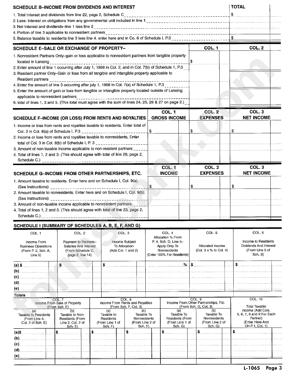 Form L-1065 - City Of Lansing Income Tax Partnership Return - State Of Michigan
