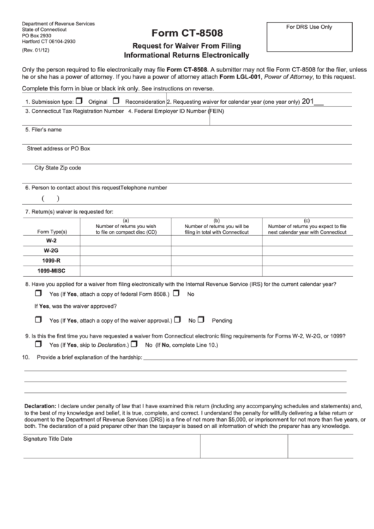 Form Ct-8508 - Request For Waiver From Filing Informational Returns Electronically Printable pdf