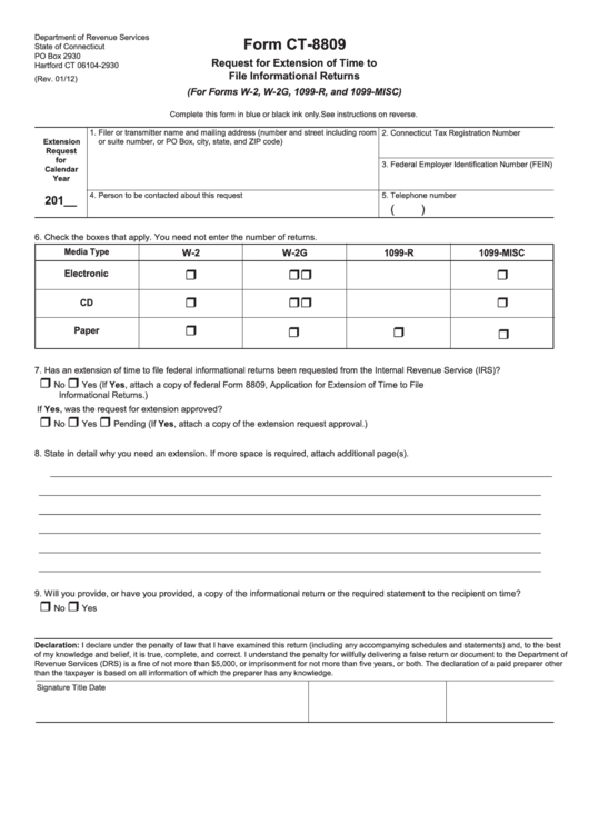 Form Ct-8809 - Request For Extension Of Time To File Informational Returns Printable pdf