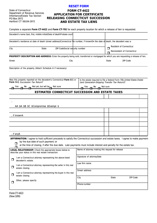 Fillable Form Ct-4422 - Application For Certificate Releasing Connecticut Succession And Estate Tax Liens Printable pdf