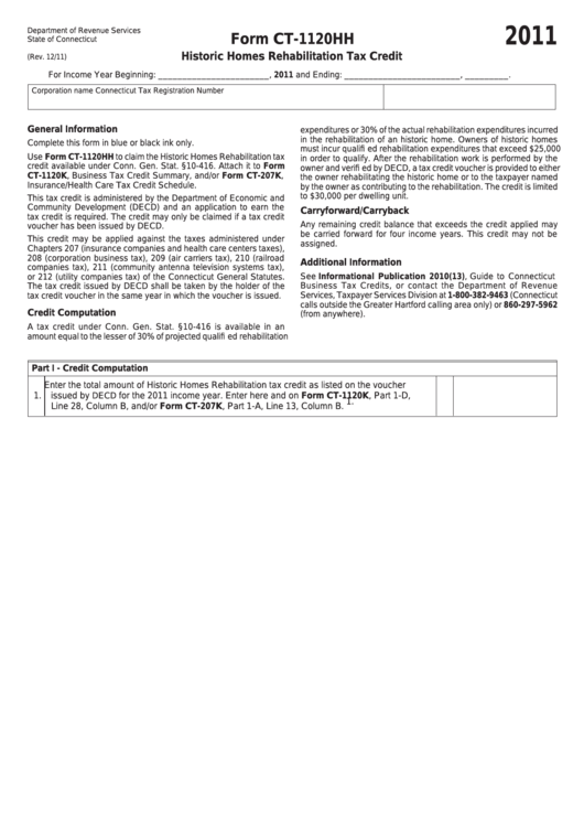 Form Ct-1120hh - Historic Homes Rehabilitation Tax Credit - 2011 Printable pdf