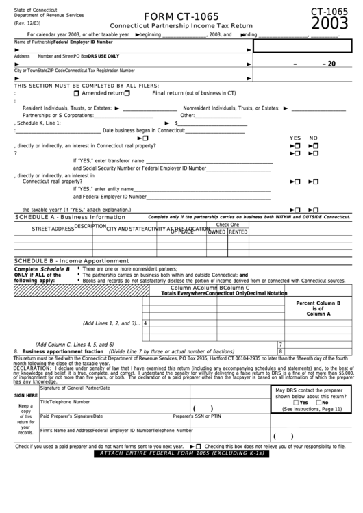 Form Ct-1065 - Connecticut Partnership Income Tax Return - 2003 ...