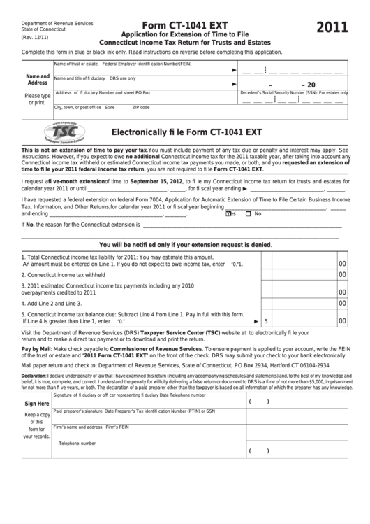 Form Ct-1041 Ext - Application For Extension Of Time To File Connecticut Income Tax Return For Trusts And Estates - 2011 Printable pdf