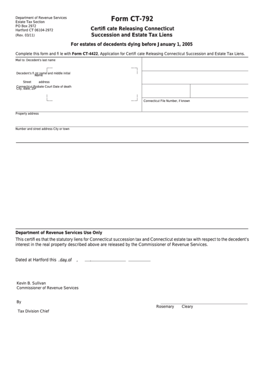 Form Ct-792 - Certificate Releasing Connecticut Succession And Estate Tax Liens Printable pdf