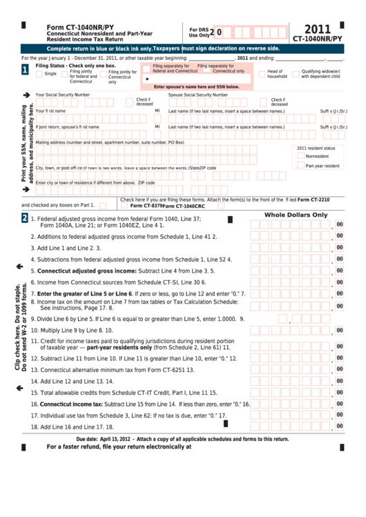 Form Ct-1040nr/py - Connecticut Nonresident And Part-Year Resident Income Tax Return - 2011 Printable pdf