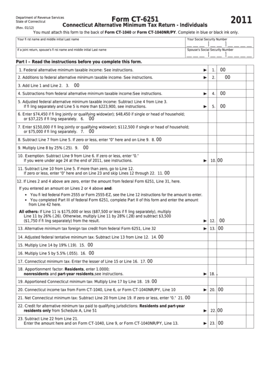 Form Ct-6251 - Connecticut Alternative Minimum Tax Return - Individuals - 2011 Printable pdf