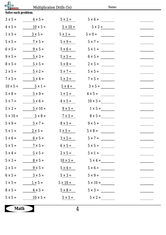 Multiplication Drills (5s) - Multiplication Worksheet With Answer Printable pdf