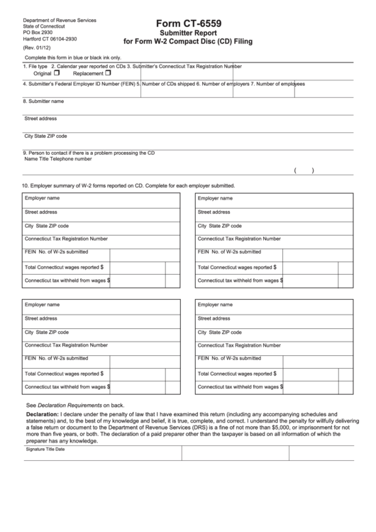 Form Ct-6559 - Submitter Report For Form W-2 Compact Disc (Cd) Filing Printable pdf