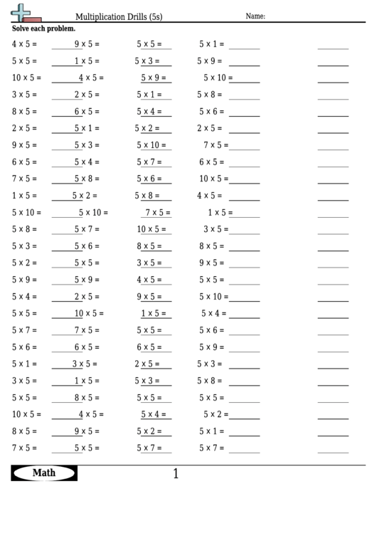 Multiplication Drills (5s) - Multiplication Worksheet With Answers Printable pdf