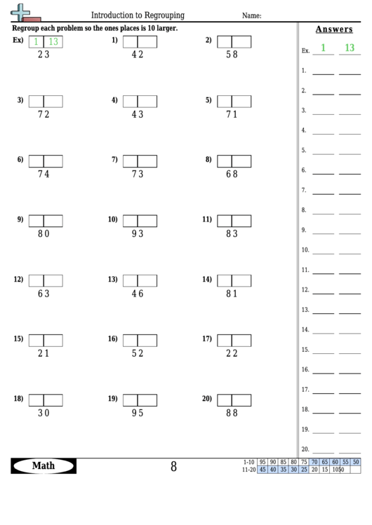 Introduction To Regrouping - Math Worksheet With Answers Printable pdf