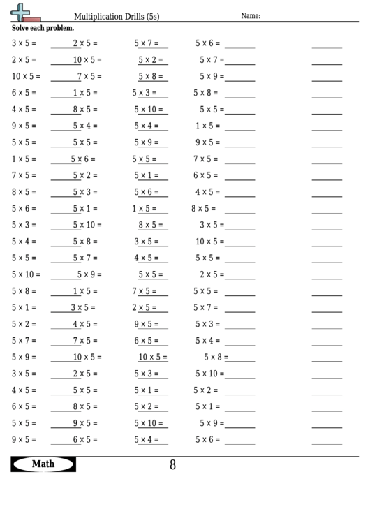 Multiplication Drills (5s) - Multiplication Worksheet With Answers Printable pdf