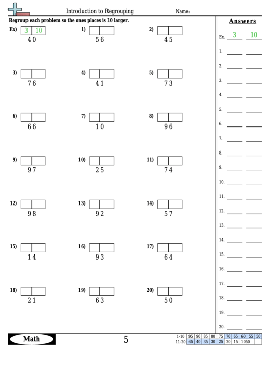 Introduction To Regrouping - Math Worksheet With Answers Printable pdf