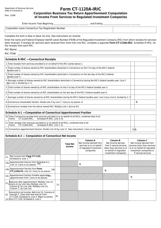 Form Ct-1120a-Iric - Corporation Business Tax Return Apportionment Computation Of Income From Services To Regulated Investment Companies Printable pdf
