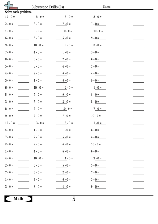 Subtraction Drills (0s) - Subtraction Worksheet With Answers printable ...
