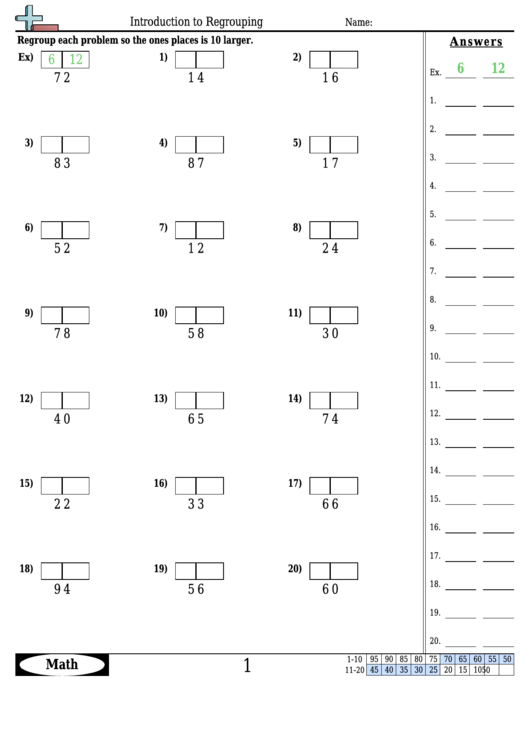 introduction to regrouping math worksheet with answers printable pdf