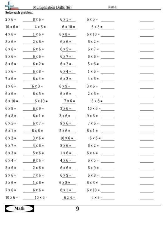 Multiplication Drills (6s) - Multiplication Worksheet With Answers Printable pdf