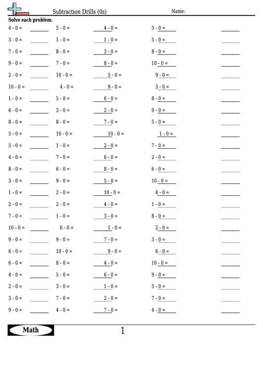 Subtraction Drills (0s) - Subtraction Worksheet With Answers printable ...