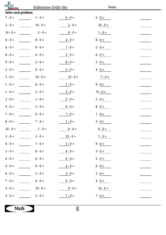 Subtraction Drills (0s) - Subtraction Worksheet With Answers printable ...