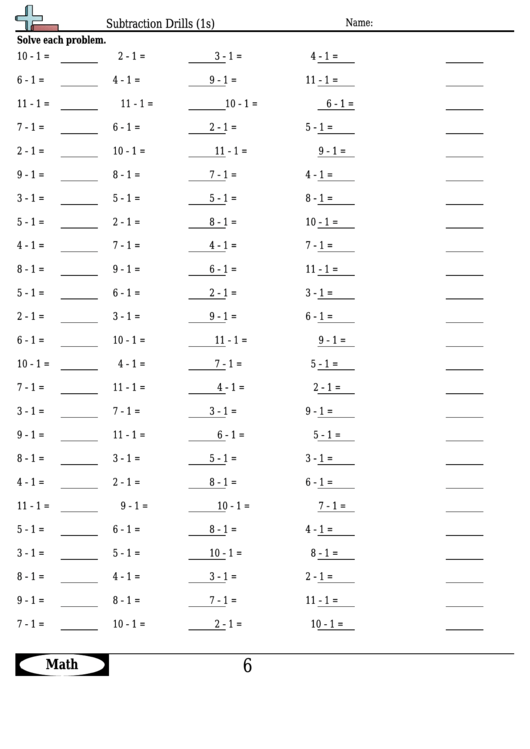Subtraction Drills (1s) - Subtraction Worksheet With Answers Printable pdf