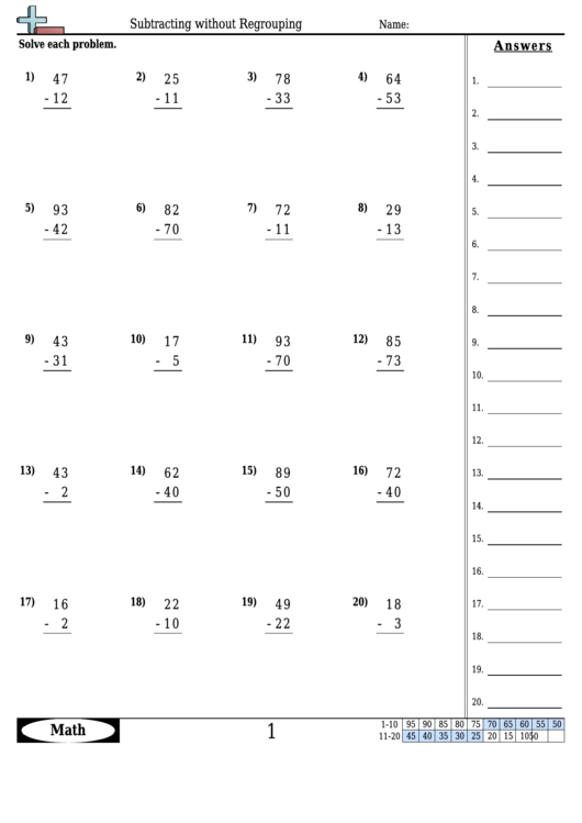 Subtracting Without Regrouping - Subtraction Worksheet With Answers