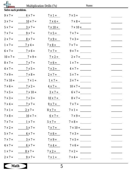 Multiplication Drills (7s) - Multiplication Worksheet With Answers Printable pdf