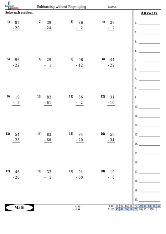 Subtracting Without Regrouping - Subtraction Worksheet With Answers ...
