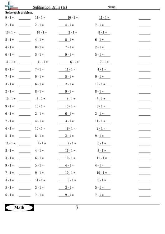 Subtraction Drills (1s) - Subtraction Worksheet With Answers printable ...