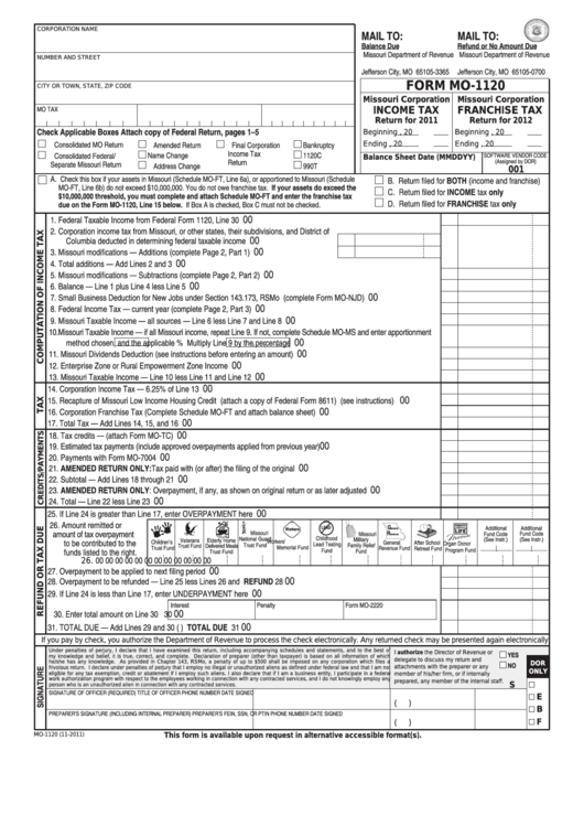 Form Mo-1120 - Missouri Corporation Income Tax Return/missouri Corporation Franchise Tax Return - 2011-2012 Printable pdf