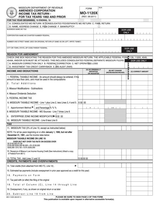 Form Mo-1120x - Amended Corporation Income Tax Return - For Tax Years 1992 And Prior Printable pdf
